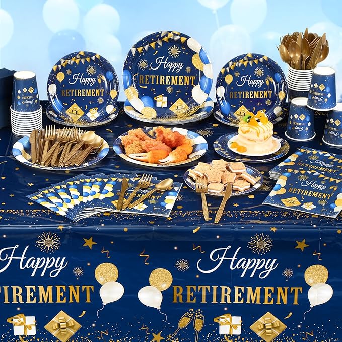 Pickmesh 194 Pcs Blue Gold Happy Retirement Party Decorations