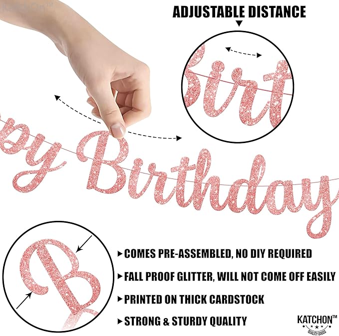 KatchOn Glitter Rose Gold Cursive Happy Birthday Banner - Pre-Strung