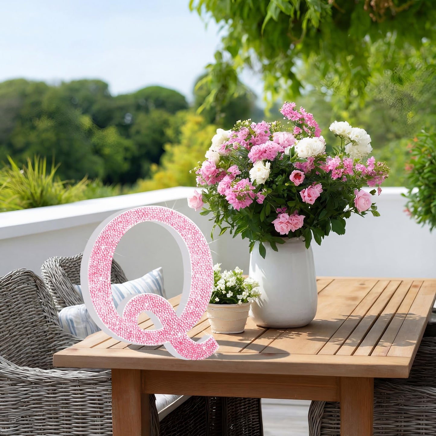 Qunclay Pink Crystal Diamond Letter Wall Decor, Glitter Wooden Bling