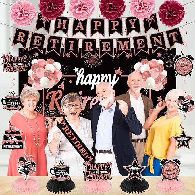 20PCS Happy Retirement Party Decorations Kit for Women Rose Gold