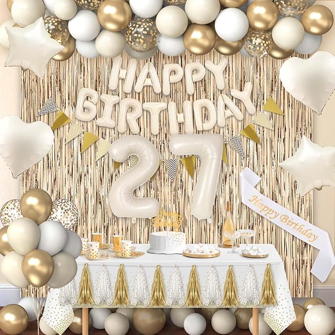27th Birthday Decorations for Women, White and Gold 27 Boho Birthday
