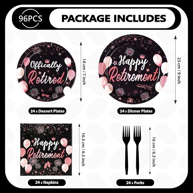 96Pcs Retirement Party Decorations Black Rose Gold Retirement Plates
