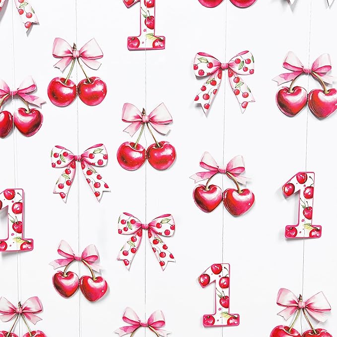Cherry 1st Birthday Decorations Sweet Floral Cherries Pink Bow