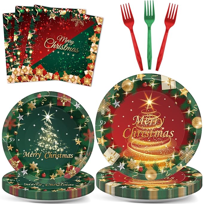96PCS Christmas Party Supplies Paper Plates & Napkins in Red & Green