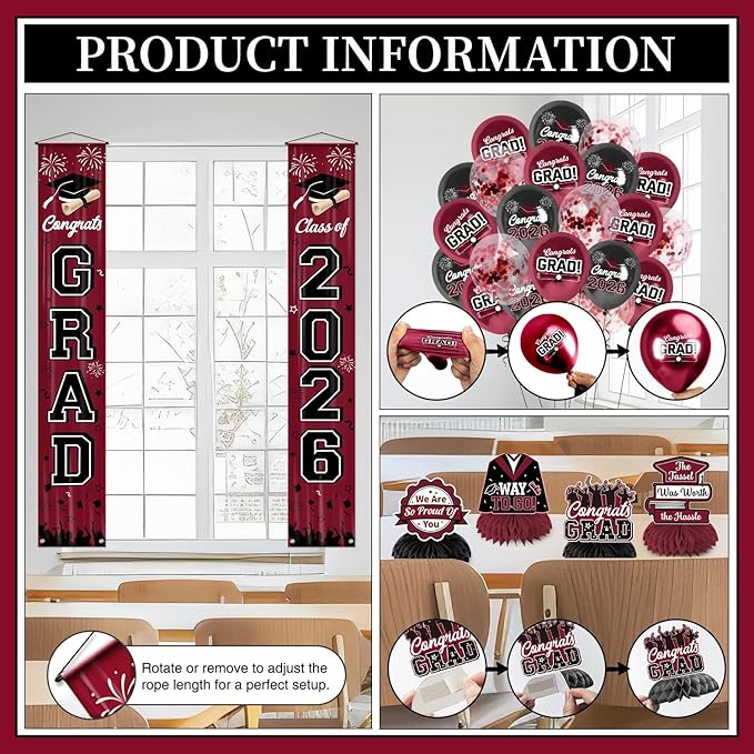 Graduation Decorations 2026 Maroon Graduation Party Decor Set include