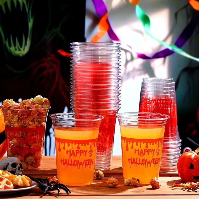 100 Pcs Halloween Plastic Cups 16 oz Clear Disposable Blood Print