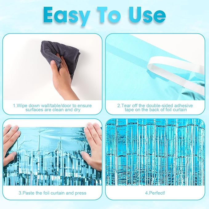 Voircoloria 3 Pack 3.3x8.2 Feet Light Blue Foil Fringe Backdrop