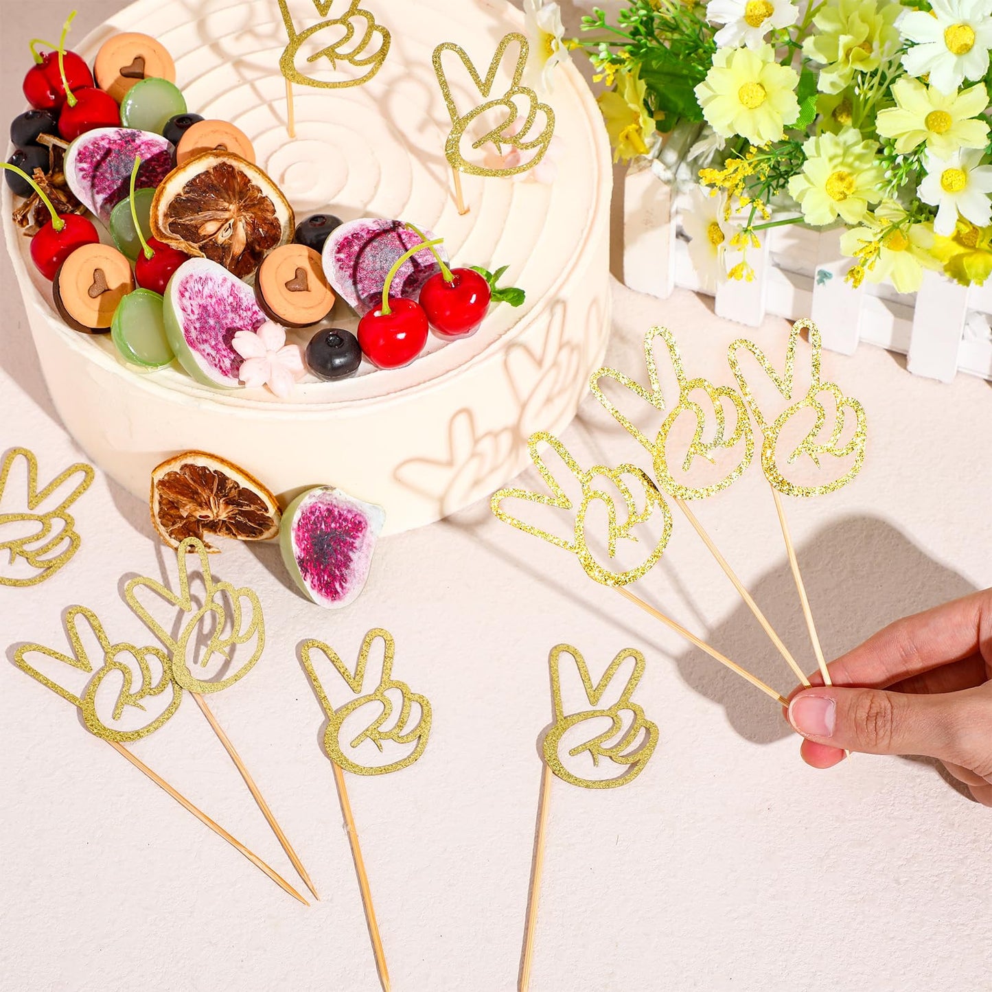 Spakon 24 Pcs Peace Sign Cupcake Toppers Glitter Peacekeeper Cupc Gold
