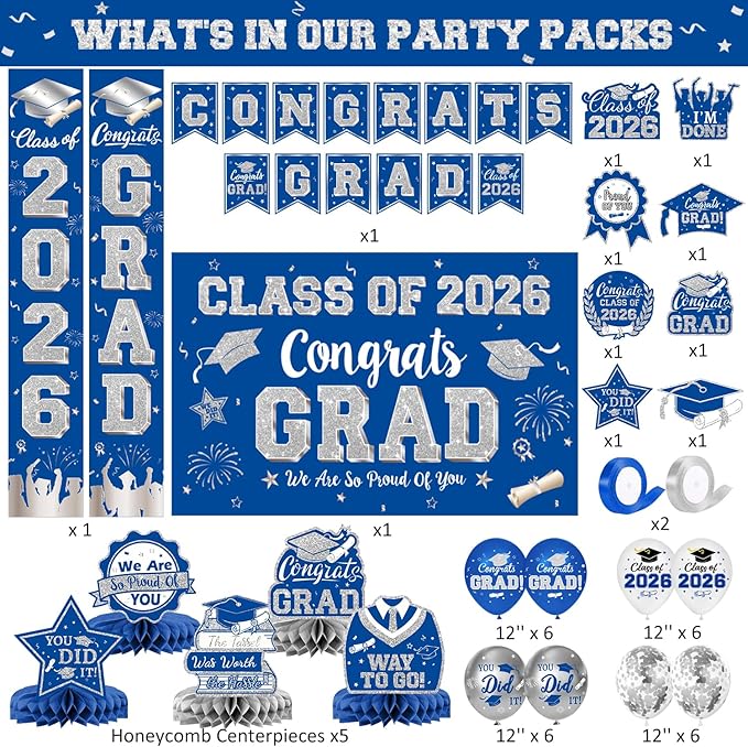 Graduation Decorations Class of 2026, Blue and Silver Graduation