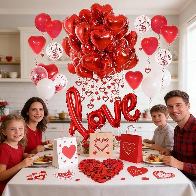 Valentines Day Decorations with Red Heart Balloons and Love