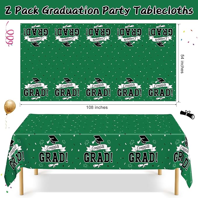 QZYL 2 PCS Graduation Tablecloth, 108" X 54" Green Graduation Table