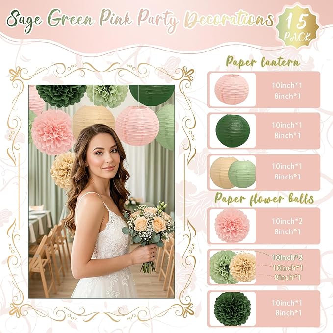 KAXIXI 15 Pcs Pink Sage Green Champagne Party Decorations - Hanging