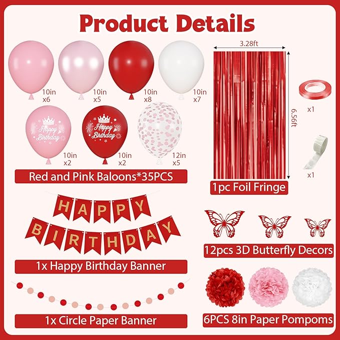 Red Birthday Decorations for Women Girls, Pearl Pink White Confetti