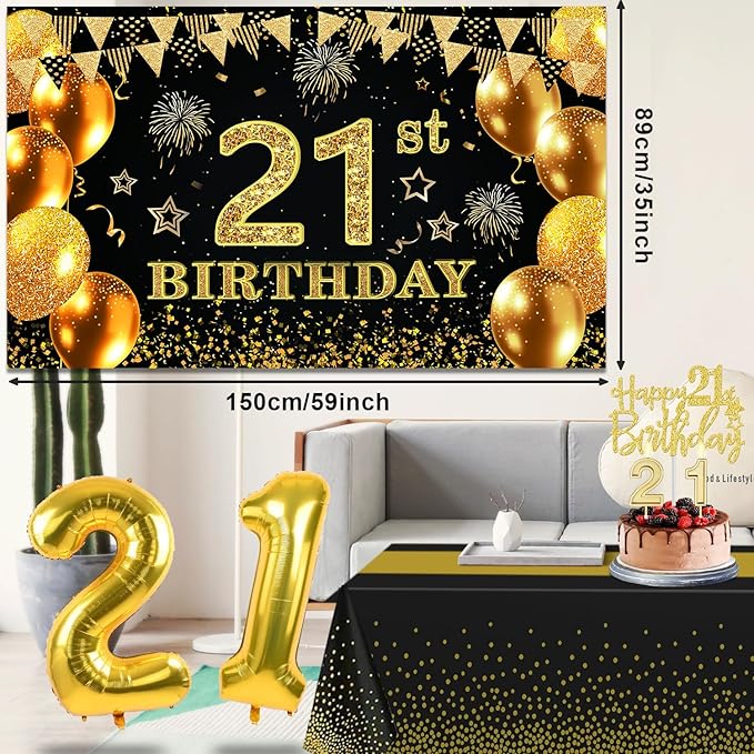 21st Birthday Decorations for Him Her with Banner Black and Gold