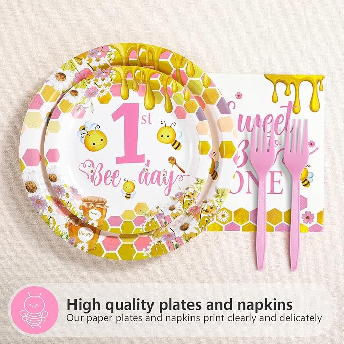 96Pcs Pink Bee 1st Birthday Party Supplies Honey First Bee Girls