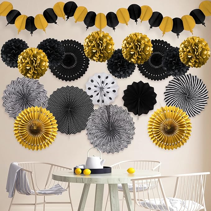 Black and Gold Decorations, Paper Pompoms Fan for Graduation Birthday