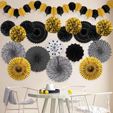 Black and Gold Decorations, Paper Pompoms Fan for Graduation Birthday