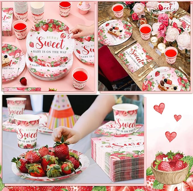 200 Pcs Strawberry Baby Shower Paper Plates Napkins Cups Baby Shower