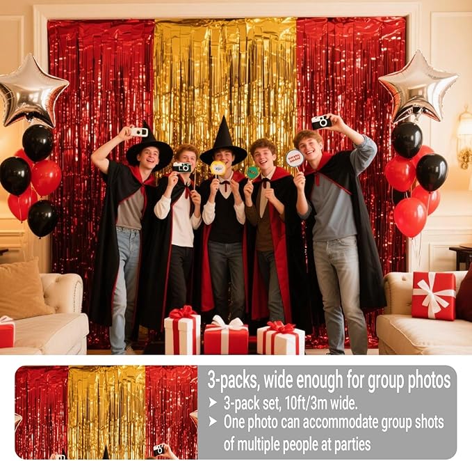 3 Packs Red Gold Foil Fringe Curtains Extra Wide 9.9ft for Birthday