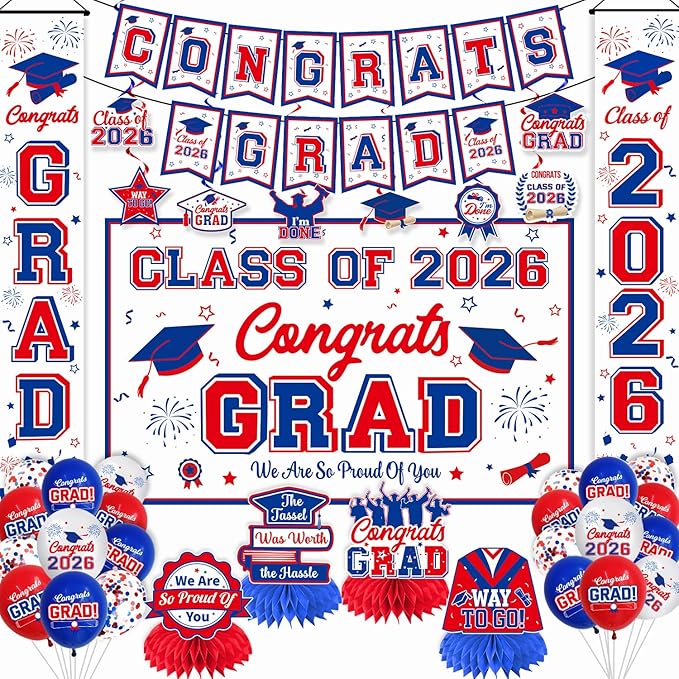 Graduation Decorations 2026 White Blue and Red Graduation Party Decor