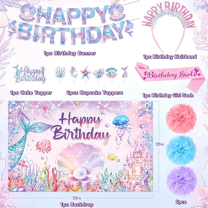 Mermaid Birthday Decorations 41Pcs Mermaid Party Supplies Include