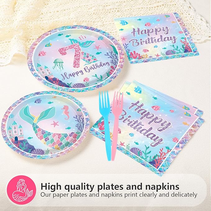 Grencian 96Pcs Mermaid Birthday Party Decorations Mermaid 7th