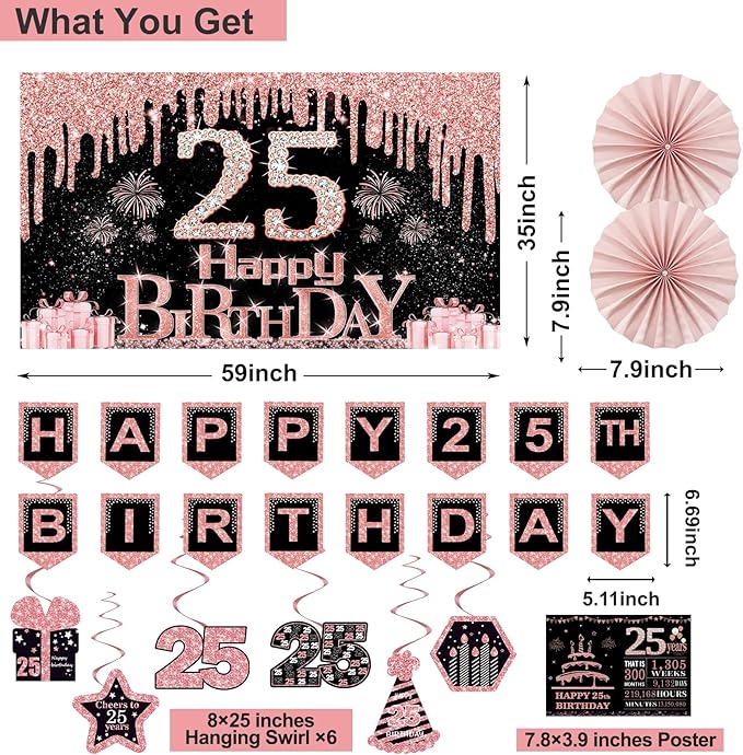 25th Birthday Decorations for Girls Women 32PCS 25th Birthday Party