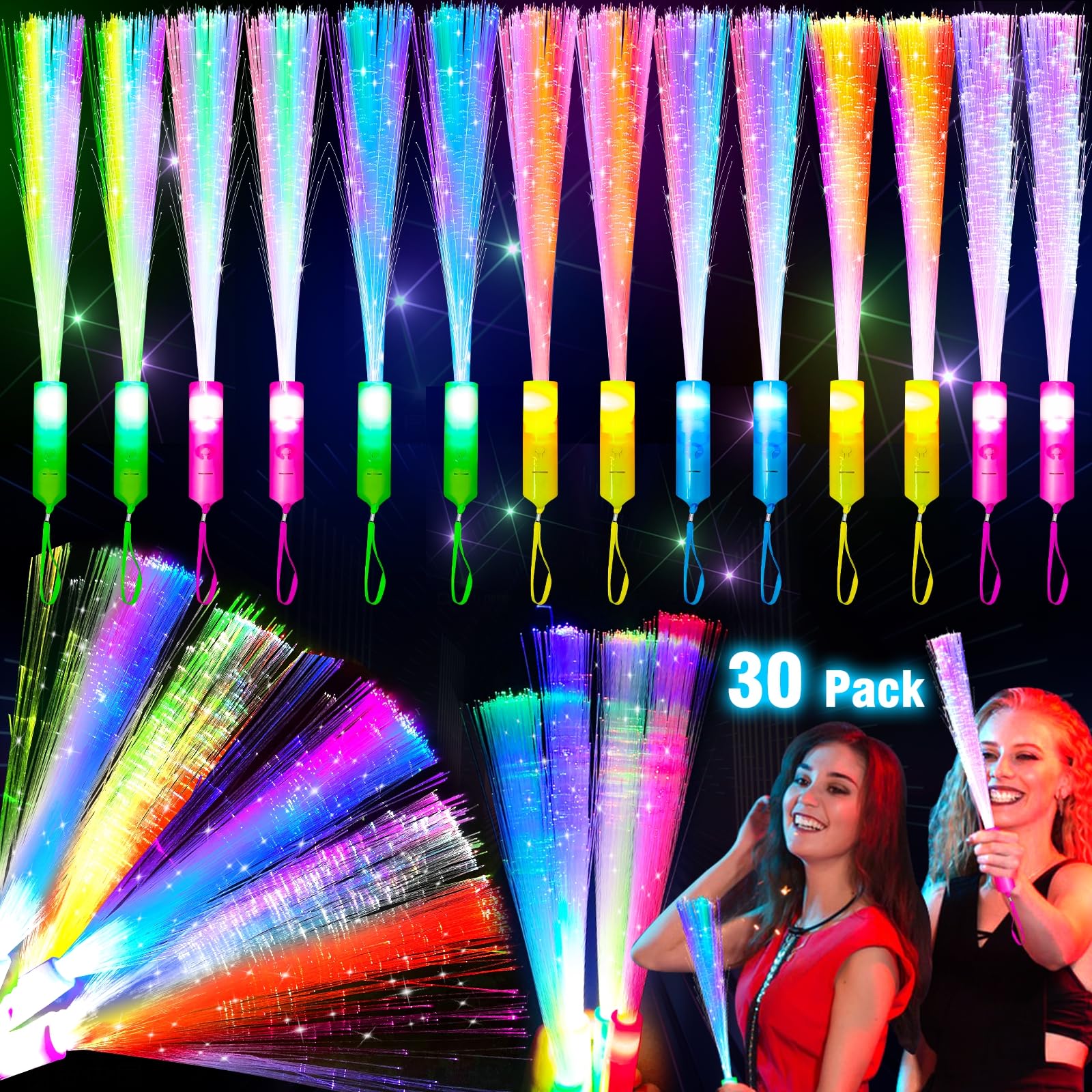 TURNMEON 30 Pcs Colorful Glow Fiber Wands,Toys Glow Sticks Bulk Party