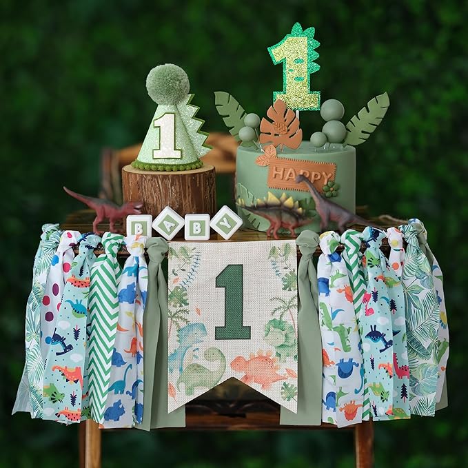 Dinosaur Theme 1st Highchair Banner Tassel Garland Dino Conical Cap