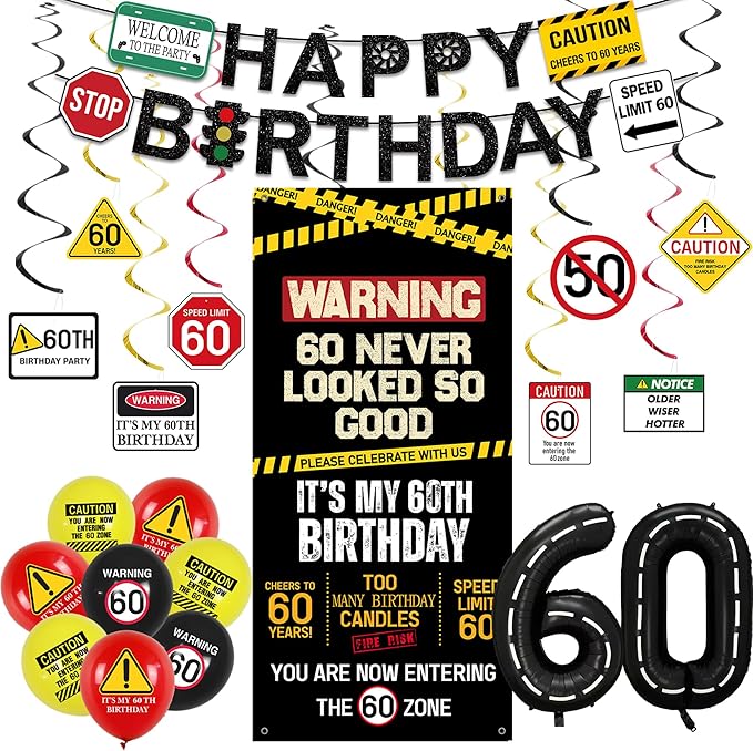 60th Birthday Decorations Men Women Caution Logo 60 Never Looked So