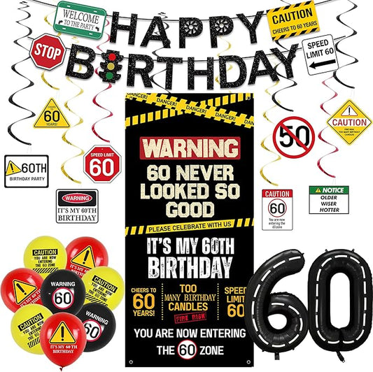 60th Birthday Decorations Men Women Caution Logo 60 Never Looked So