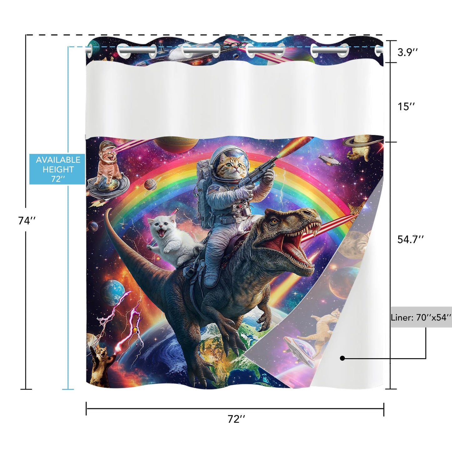 Fowocu No Hook Shower Curtain with Snap in Liner Funny Cat Dinosaur