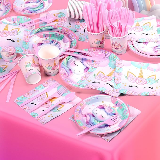 171Pcs Unicorn Birthday Party Supplies with Plates Cups Napkins