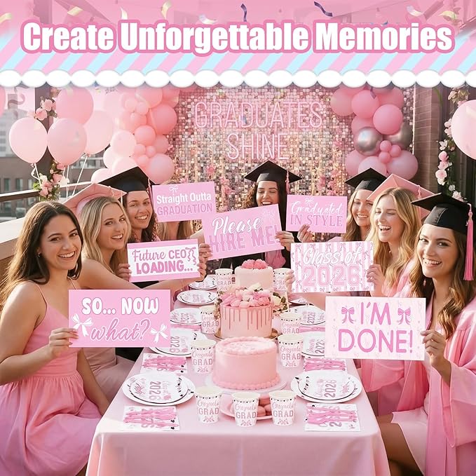 24 Designs Pink Bow Graduation Photo Booth Props Class of 2026