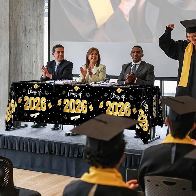 QZYL 4 Pack Graduation Decorations, 54" x 108" Black and Gold