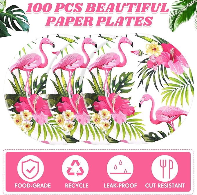 100 Pcs Hawaiian Flamingo Paper Plates 9 Inch Luau Party Plates