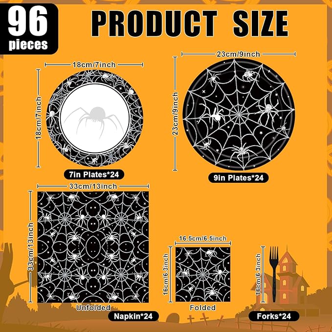 96 Pieces Halloween Tableware Set Spider Web Themed Disposable Party