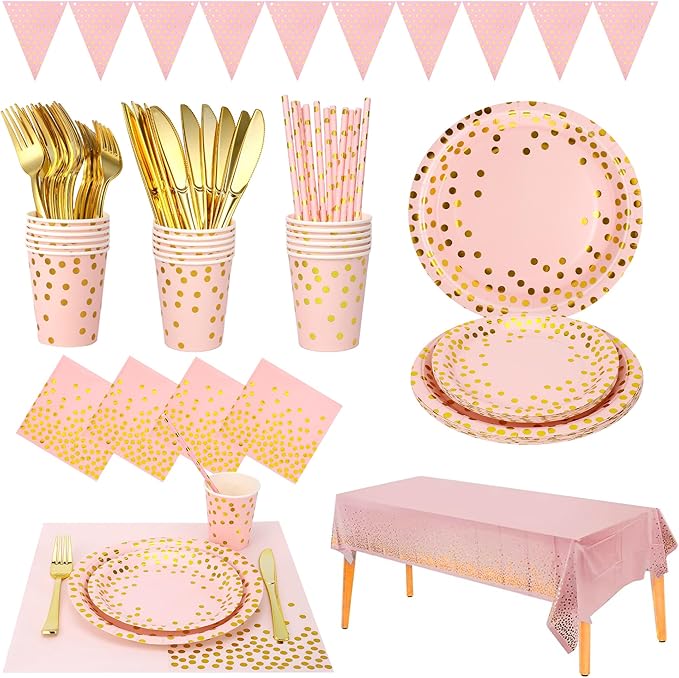 Sylken 186 Pieces pink and Gold Party Tableware Set - 25 Guests Paper