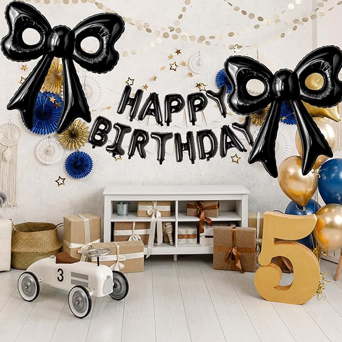 Black Happy Birthday Balloons, 31”Huge Black Bow Aluminum Foil
