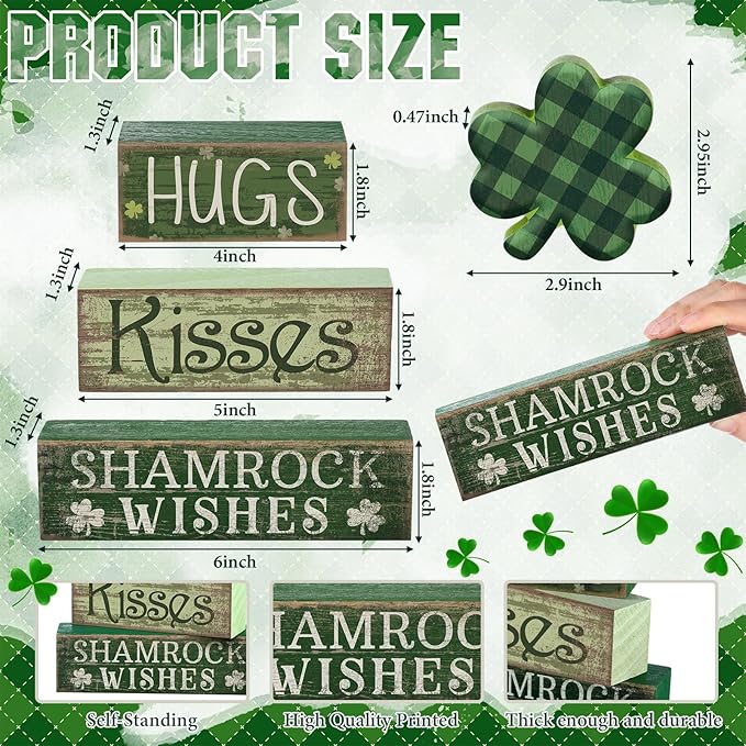 4 Pcs St Patrick's Day Table Wooden Signs Hug Shamrocks Table