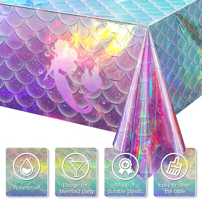 3Pcs Mermaid Iridescence Plastic Tablecloths Mermaid Laser Table