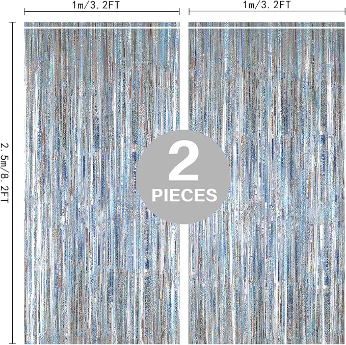 2 Pack 3.2ft x 8.2ft Silver Metallic Tinsel Foil Fringe Curtains,
