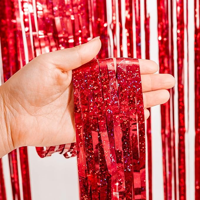 GREATRIL Red Fringe Curtains Party Streamers Backdrop Foil Tinsel
