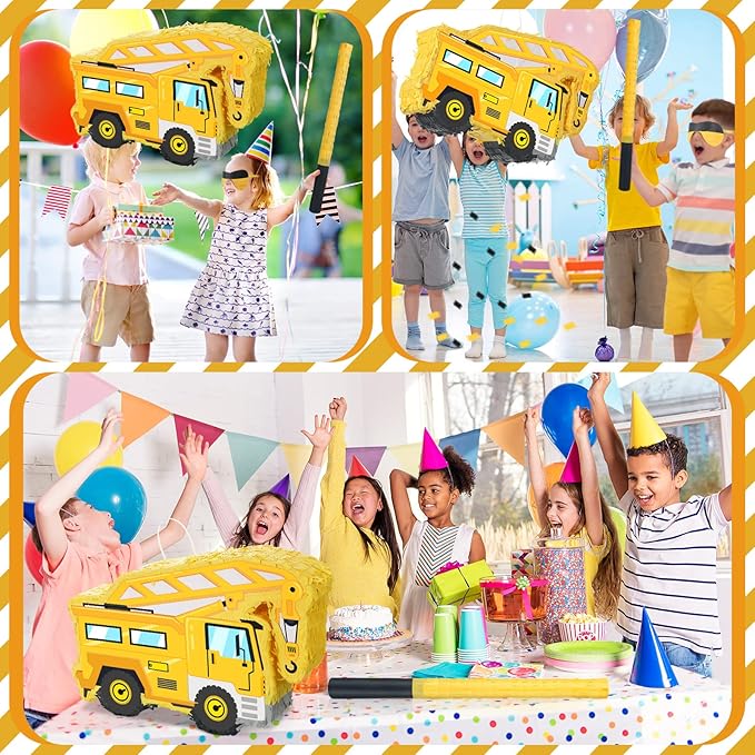 Construction Truck Piñata with Blindfold Bat and Confetti