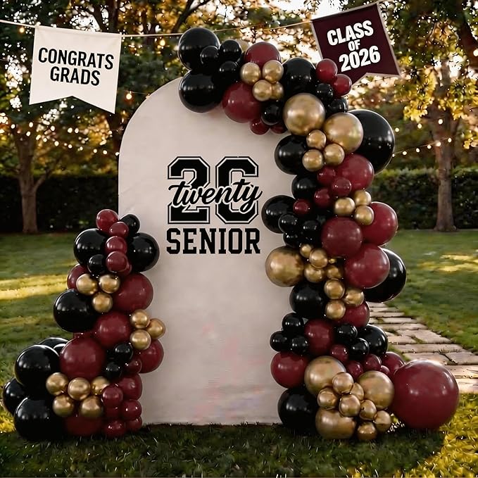 Burgundy Balloon Arch Kit,Black Gold Maroon Balloon Garland with Star