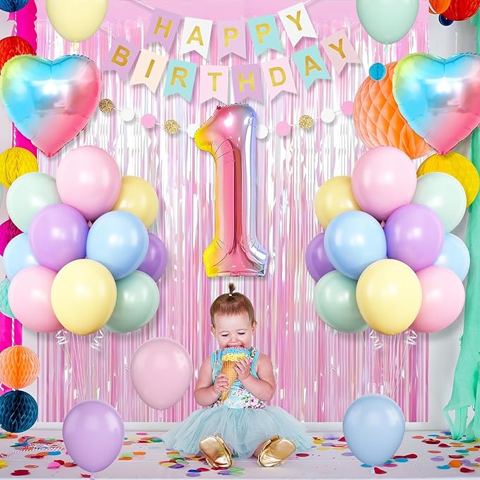 1st Birthday Decorations Rainbow Gradient Number 1 Balloon Pastel