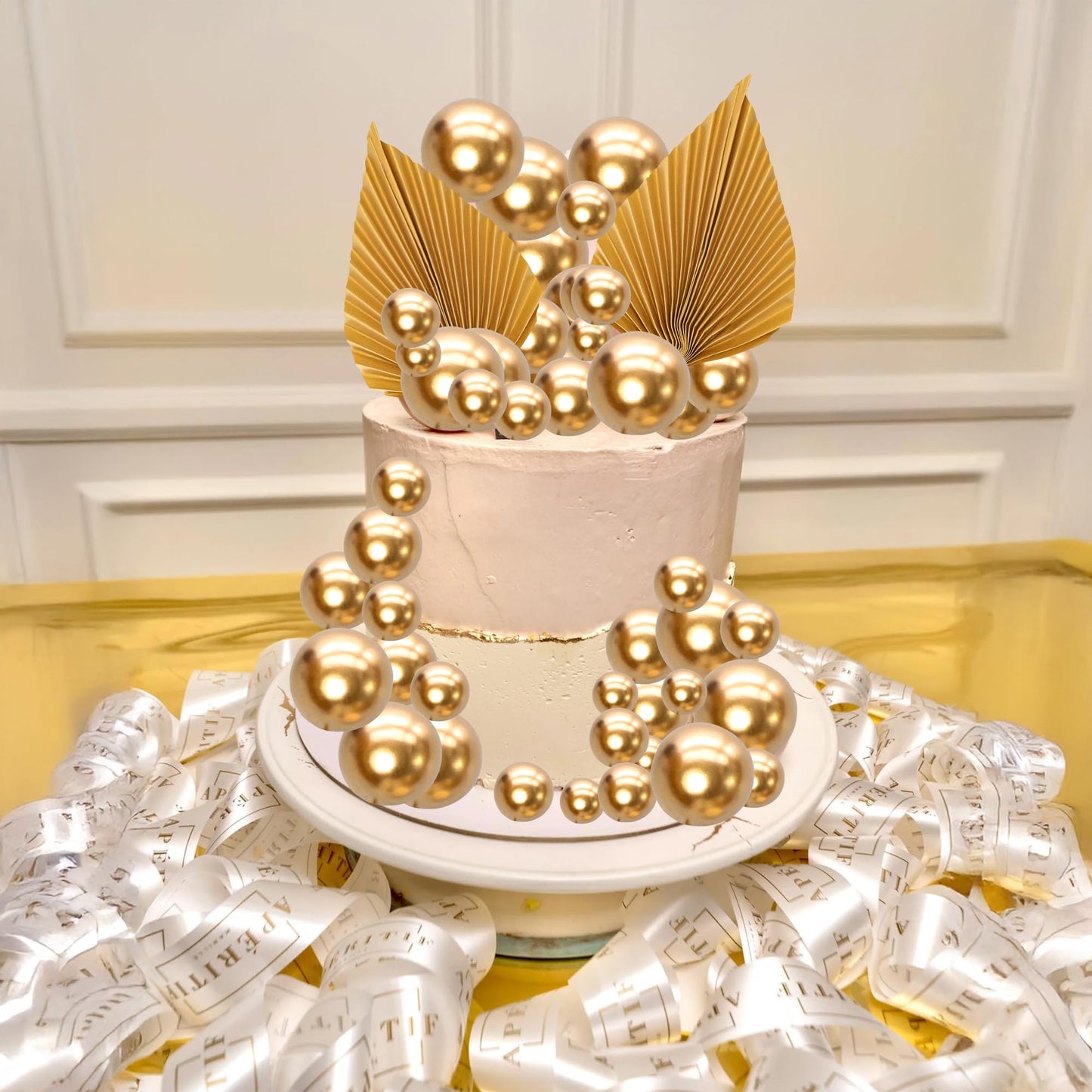 Ephlyn 28Pcs Paper Palm Fan Cake Topper Balls Cake Pick for Baby Gold