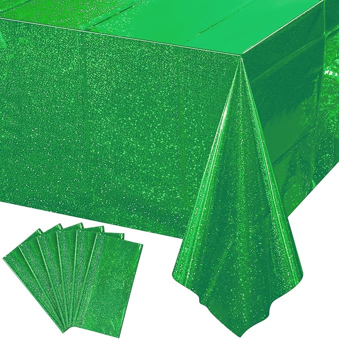 6 Pack Iridescent Green Plastic Tablecloths, Shiny Disposable Laser