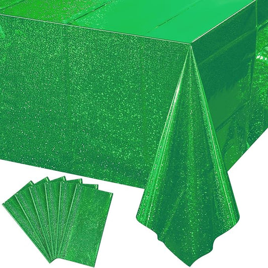 6 Pack Iridescent Green Plastic Tablecloths, Shiny Disposable Laser