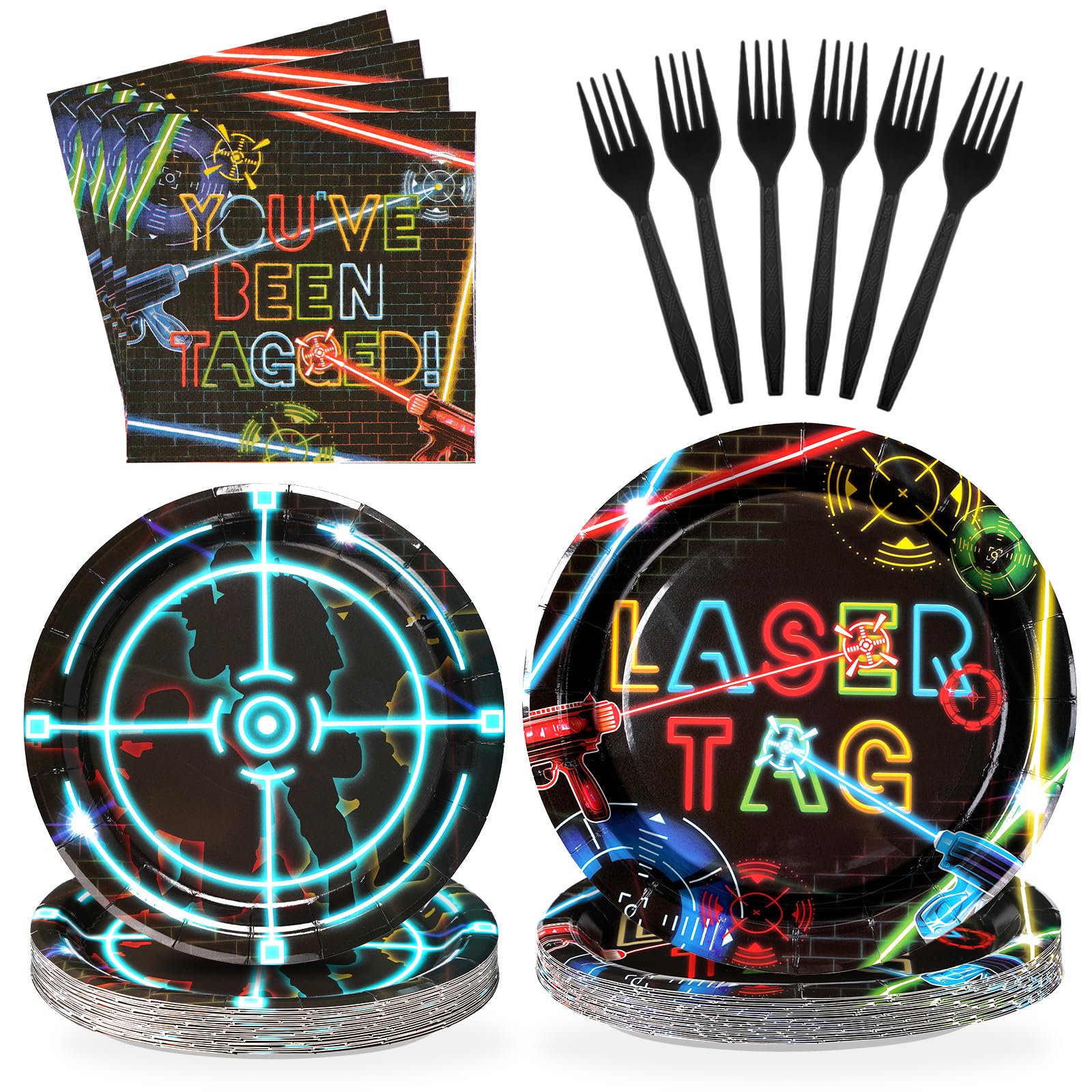 96 Pcs Laser Tag Party Supplies Disposable Glow Neon Plates Napkins